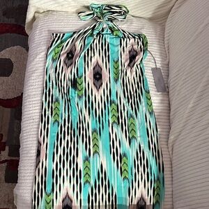 NWT Jennifer Lopez JLo Blue Green Tribal Luxe Halter Mini Dress, Medium